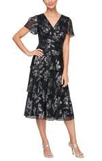 Tea Length Printed Shimmer Surplice Neckline Dress with Ruched Waist, Flutter Sleeves and Tiered Skirt