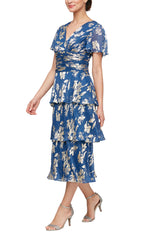 Regular - Foil Printed Surplice Neckline Dress with Ruched Waist & Tiered Skirt