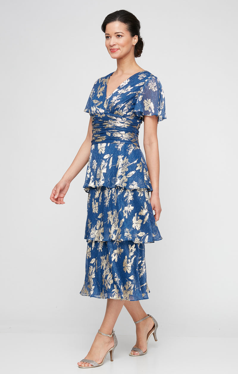 Sl Fashions Women's Floral Surplice-Neck Tiered Dress - Royal Gold