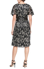 Midi Foil Printed Shimmer Dress with Surplice Neckline and Ruched Waist