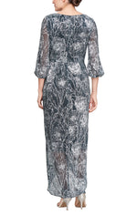 Long Foil Printed Dress with Surplice Neckline, Ruched Waist and Cascade Overlay Skirt