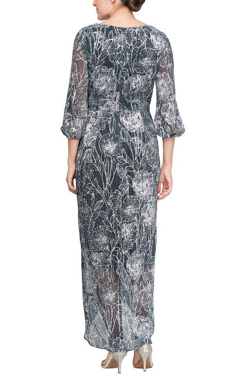 Long Foil Printed Dress with Surplice Neckline, Ruched Waist and Cascade Overlay Skirt