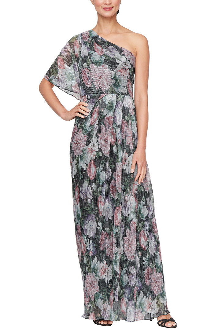 Long Floral Print One Shoulder Shimmer Gown