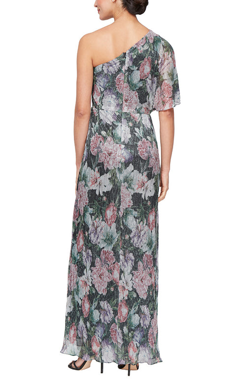 Long Floral Print One Shoulder Shimmer Gown