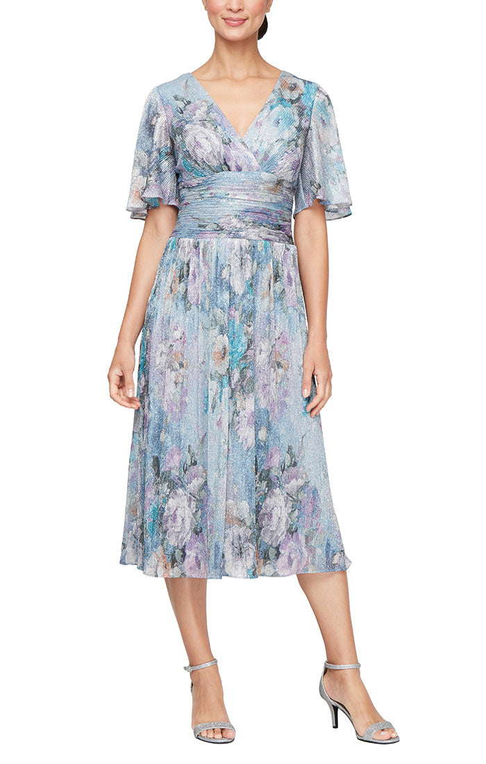 Tea Length Printed A-Line Dress with Ruched Waist and Elbow Sleeves