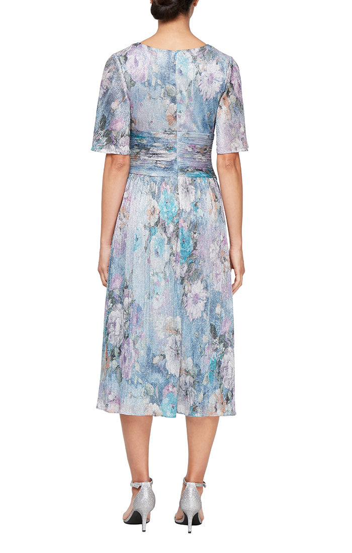 Tea Length Printed A-Line Dress with Ruched Waist and Elbow Sleeves