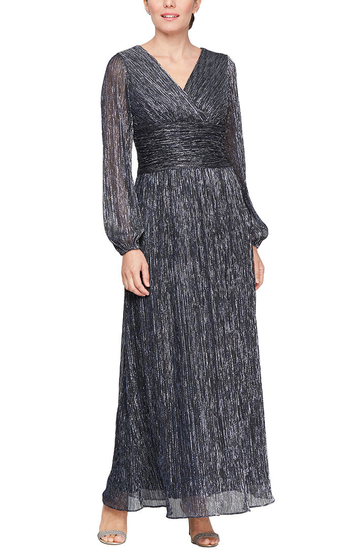 Surplice Neckline Shimmer Gown with Long Sleeves and Ruched Waist Detail