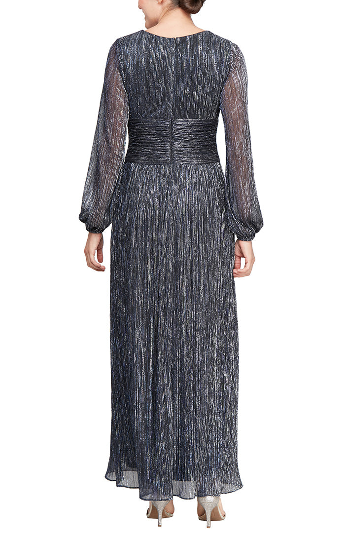 Surplice Neckline Shimmer Gown with Long Sleeves and Ruched Waist Detail