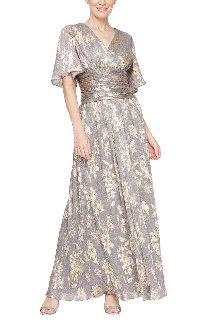 Long Surplice Shimmer Foil Printed Dress with Ruched Waist