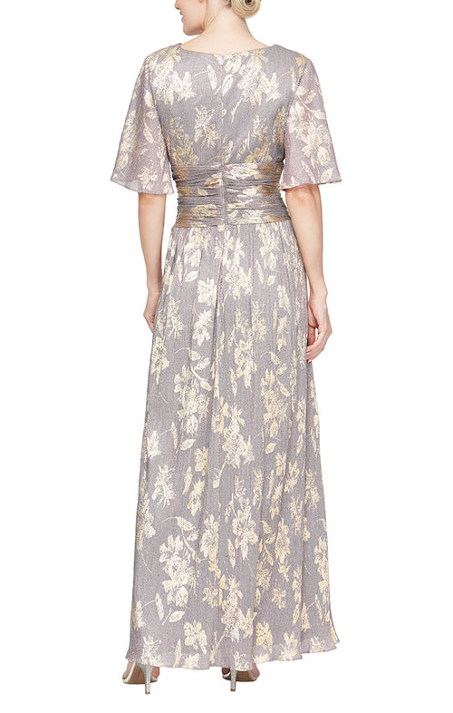 Long Surplice Shimmer Foil Printed Dress with Ruched Waist