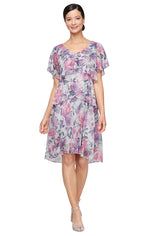 Plus Short Printed Bodre Dress with Tiered Bodice and V-Neckline