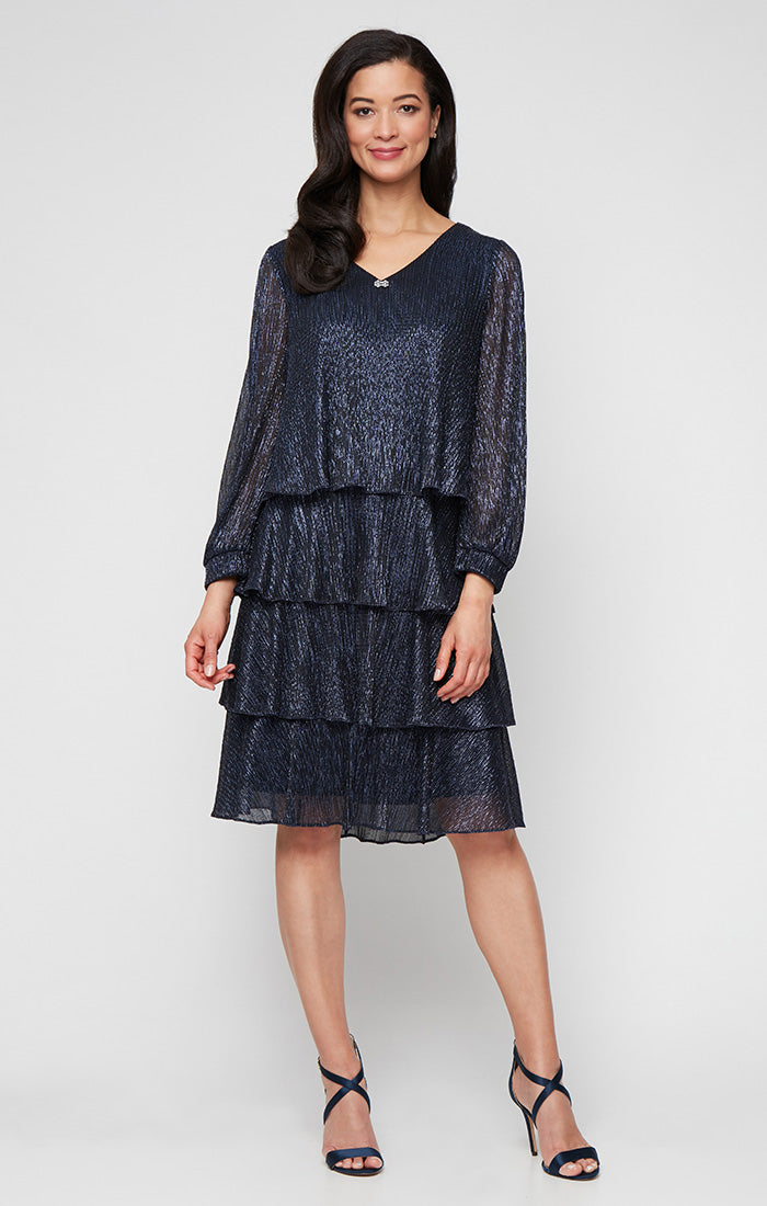 Short V-Neck Bodre Dress with Tiered Skirt and Illusion Sleeves
