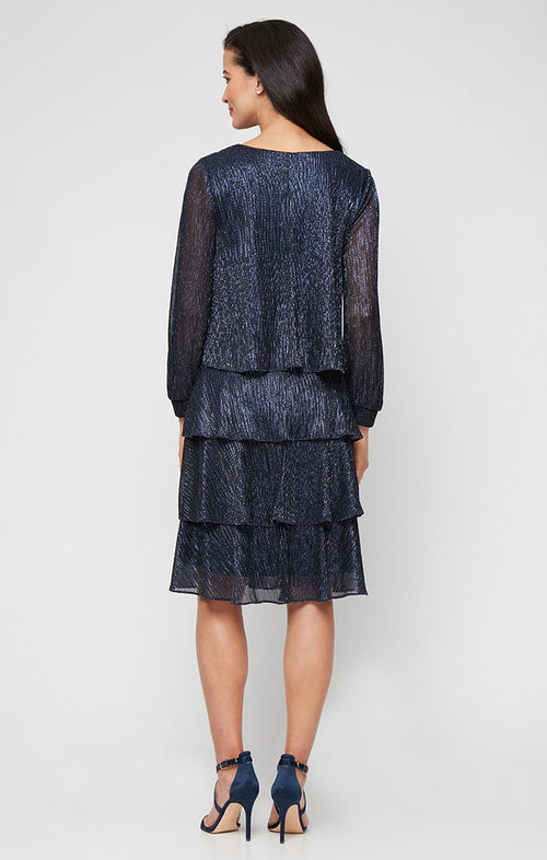 Short V-Neck Bodre Dress with Tiered Skirt and Illusion Sleeves