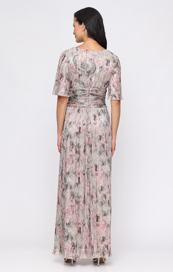 Petite Printed Bodre Dress with Surplice Bodice, Ruched Waist and Flut ...