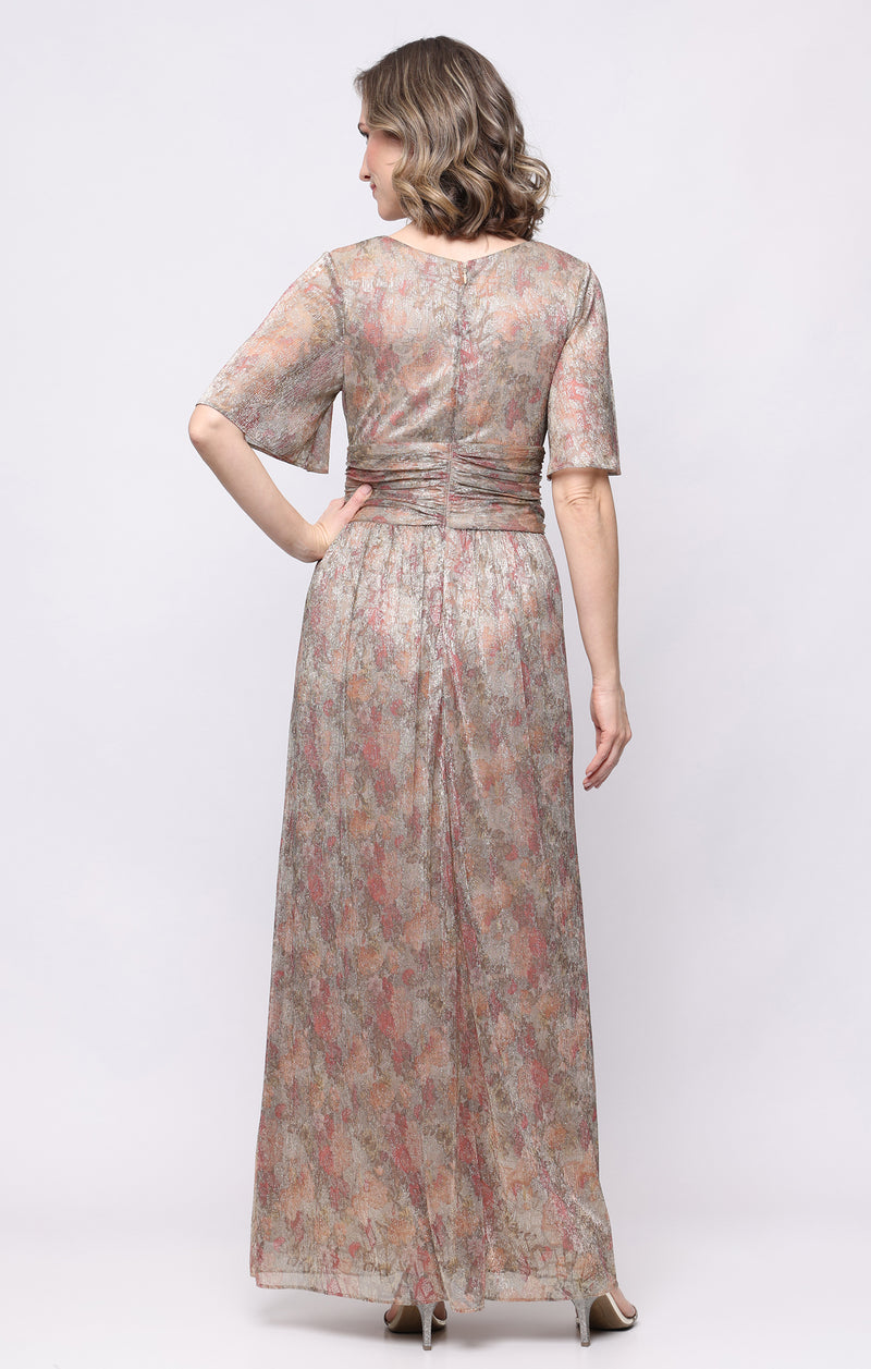 Plus Long Printed Bodre Dress with Surplice Neckline and Flutter Sleev ...