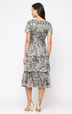 Tea Length Printed Lurex Bodre Dress with Ruched Waist, Surplice Bodice, Cold Shoulder Sleeves and Tiered Skirt
