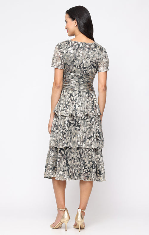 Tea Length Printed Lurex Bodre Dress with Ruched Waist, Surplice Bodice, Cold Shoulder Sleeves and Tiered Skirt