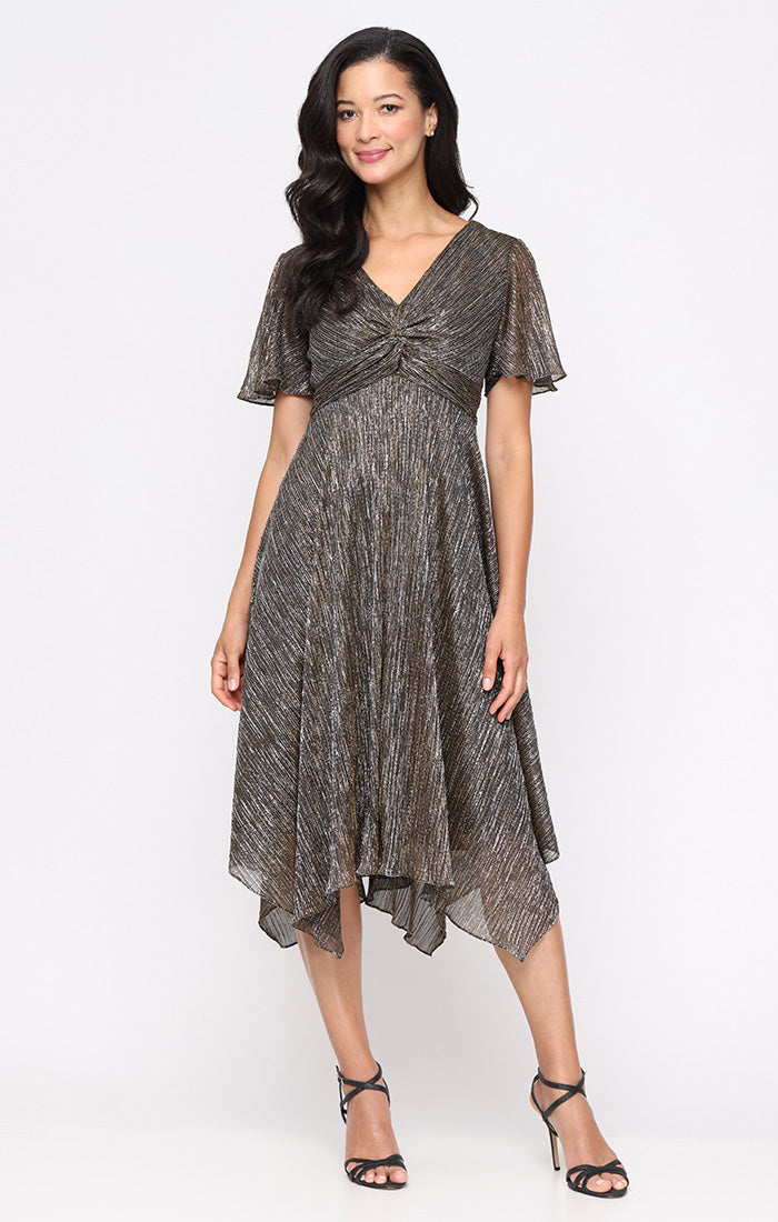 Midi Bodre Dress with Knot Front Empire Bodice and Pointed Hem Skirt