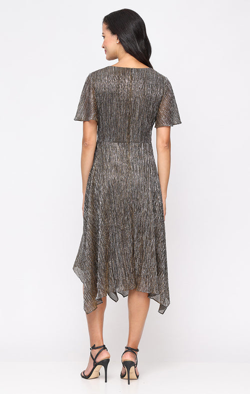 Midi Bodre Dress with Knot Front Empire Bodice and Pointed Hem Skirt