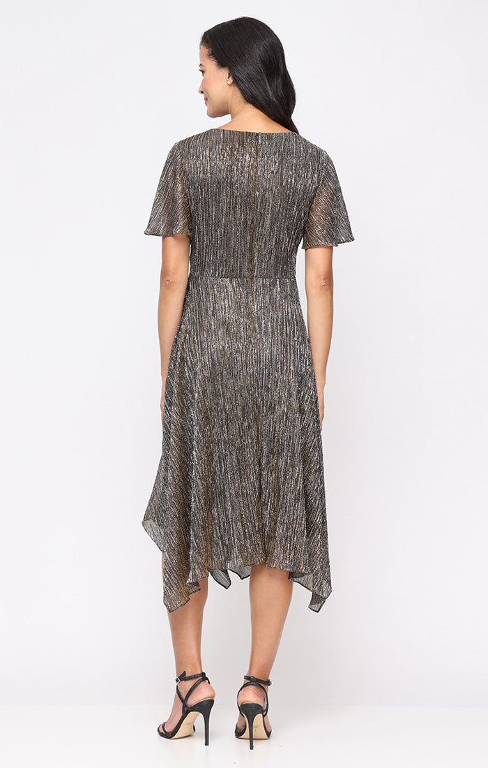 Midi Bodre Dress with Knot Front Empire Bodice and Pointed Hem Skirt