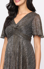 Midi Bodre Dress with Knot Front Empire Bodice and Pointed Hem Skirt