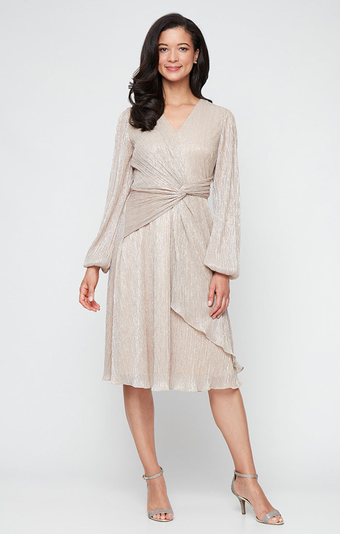 Petite Tea Length Dress with Surplice Neckline and Knot Front Detail