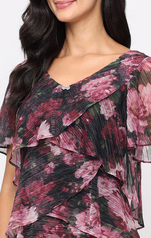 Short Printed Bodre Tier Dress with Embellished V-Neckline and Flutter Sleeves