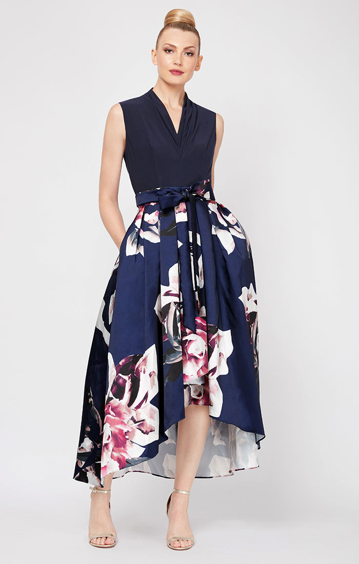 Party Dress with Floral Printed Mikado Silk Skirt & Jersey Bodice