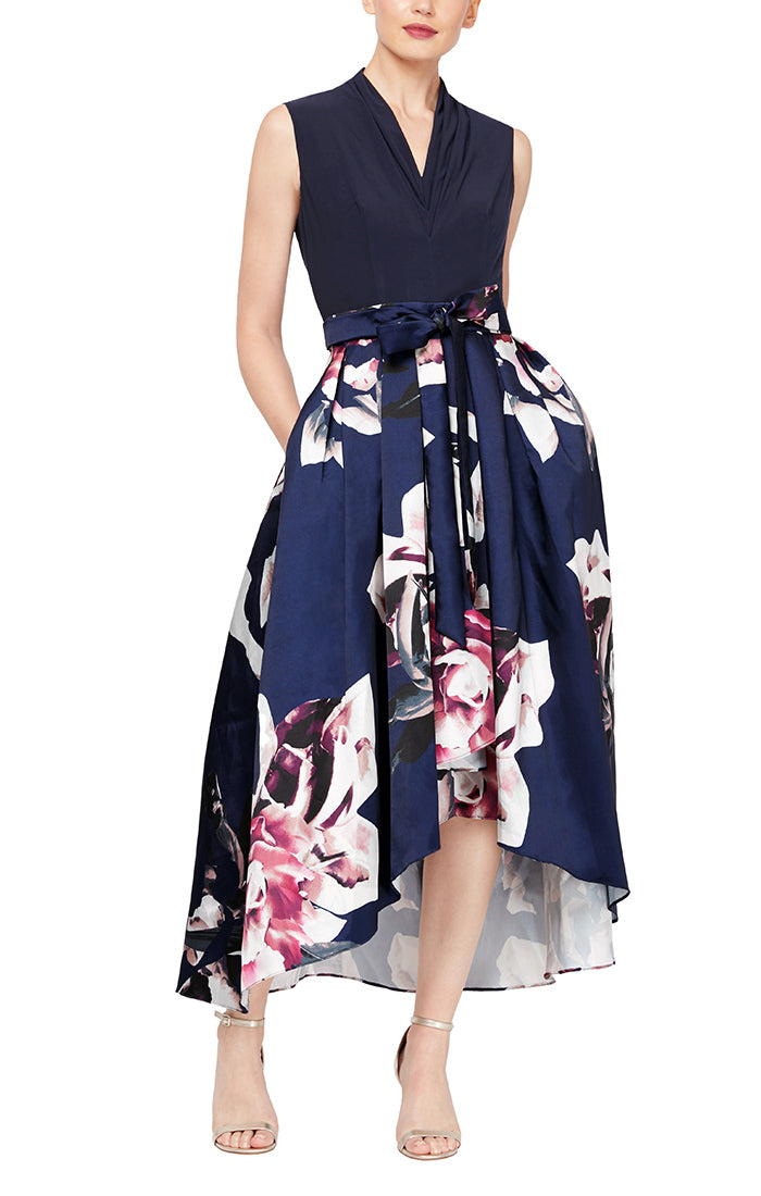 Petite Cocktail Dress with High-Low Floral Printed Mikado Silk Skirt