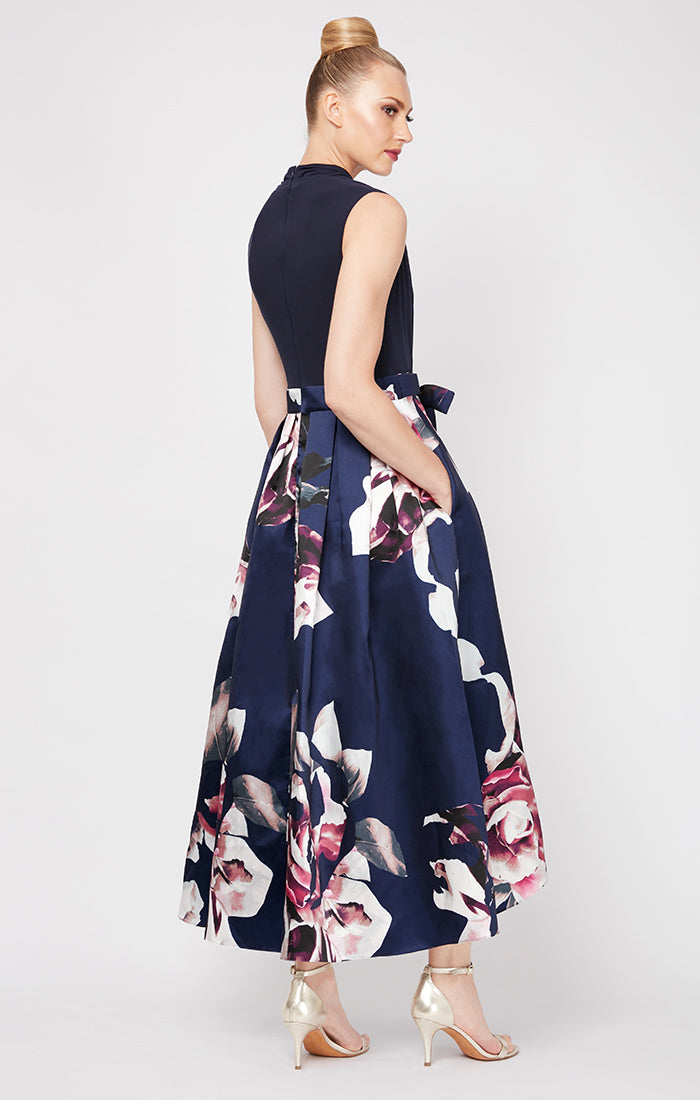 Party Dress with Floral Printed Mikado Silk Skirt & Jersey Bodice