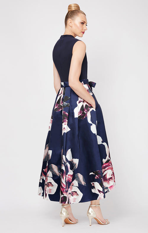 Petite Cocktail Dress with High-Low Floral Printed Mikado Silk Skirt