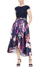 Petite Cap Sleeve Printed Silk Skirt Party Dress with Tie Belt and High/Low Hem