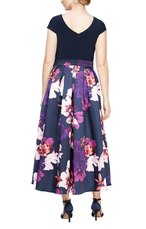 Cap Sleeve Printed Silk Skirt Party Dress with Tie Belt and High/Low Hem