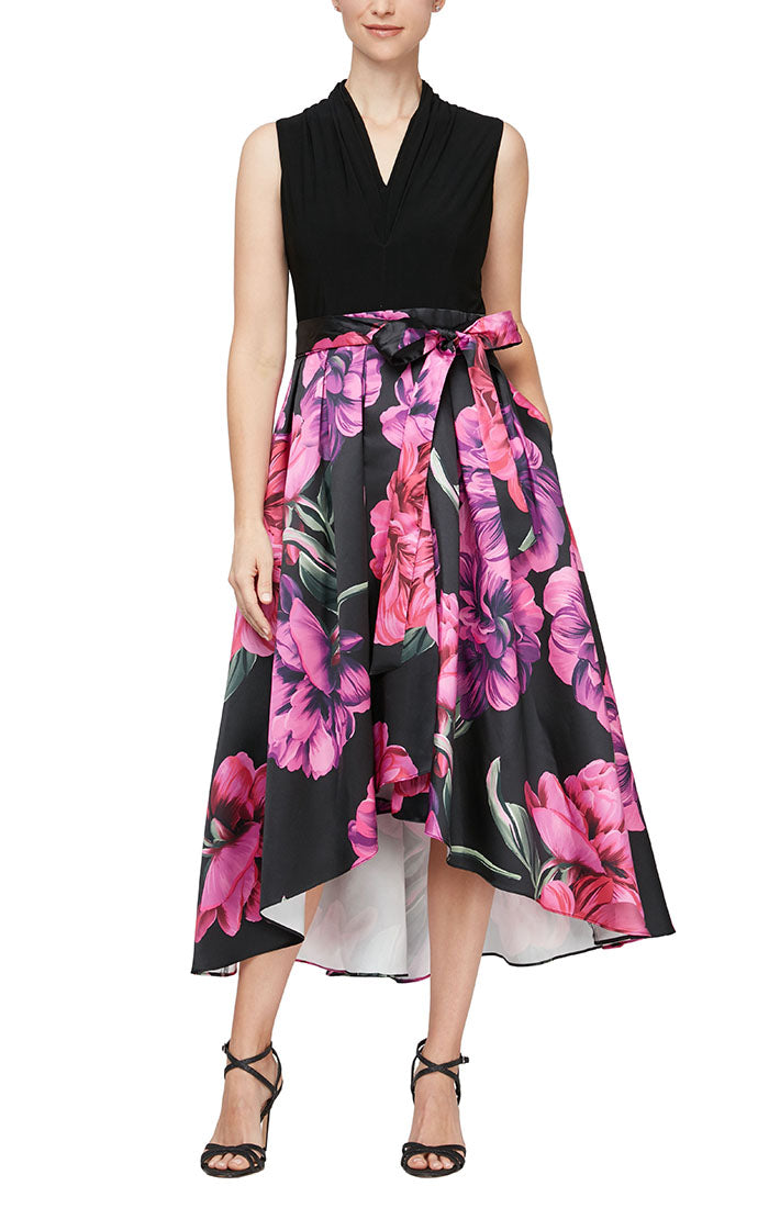 Floral High/Low Party Dress with Tie Waist Detail