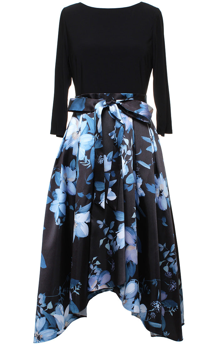 Petite Printed Mikado High/Low Party Dress with 3/4 Sleeves, Tie Belt & Pockets