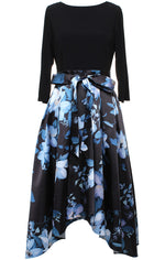 Plus Printed Mikado High/Low Party Dress with 3/4 Sleeves, Tie Belt & Pockets