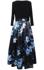 Petite Printed Mikado High/Low Party Dress with 3/4 Sleeves, Tie Belt & Pockets