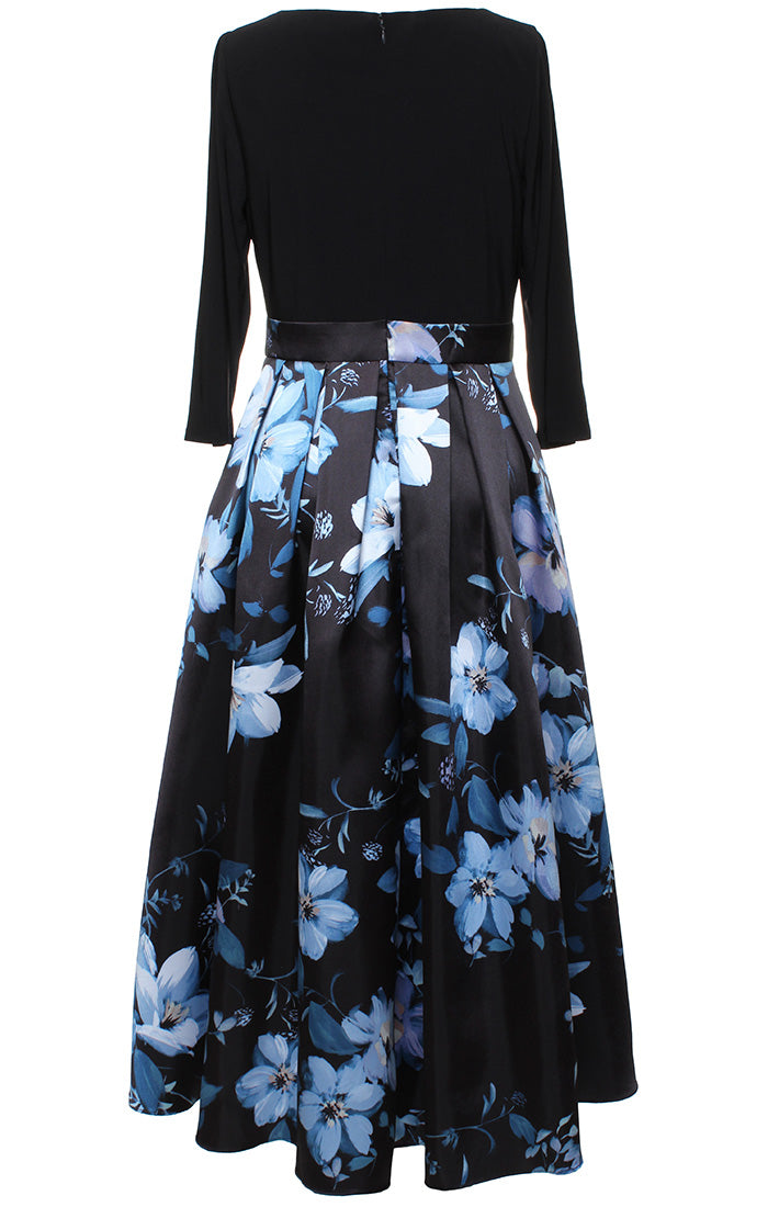 Printed Mikado High/Low Party Dress with 3/4 Sleeves, Tie Belt & Pockets