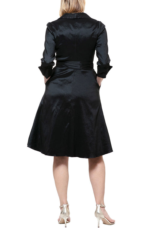 Tea Length A-Line Taffeta Dress with Button Detail and Tie Belt