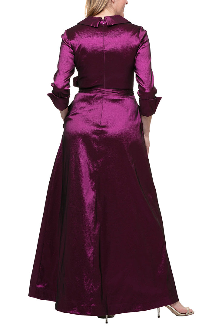 Long A-Line Taffeta Dress with Collar and Center Front Button Detail