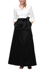 Petite Long A-Line Taffeta Dress with Collar and Center Front Button Detail