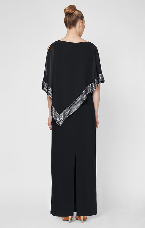 Petite Jersey Column Dress with Asymmetrical Chiffon Cape Overlay with Metallic Trim