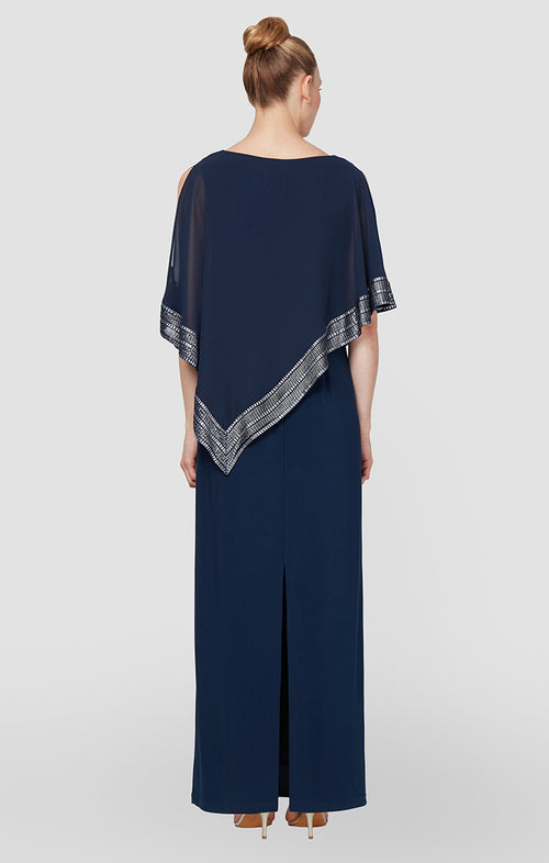 Petite Jersey Column Dress with Asymmetrical Chiffon Cape Overlay with Metallic Trim