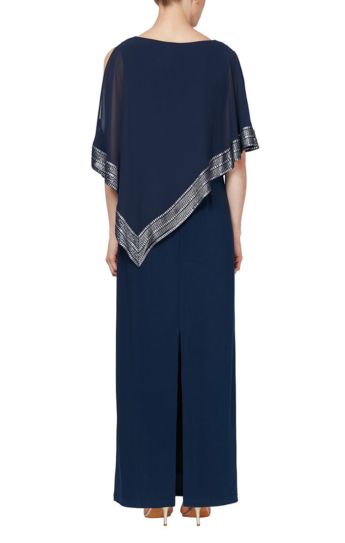 Petite Jersey Column Dress with Asymmetrical Chiffon Cape Overlay with Metallic Trim