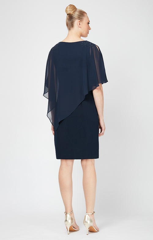 Chiffon Overlay Jersey Sheath Dress with Beaded Shoulder Detail