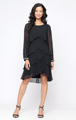 Long Sleeve Tiered Chiffon Cocktail Dress with Rhinestone Beaded Cuffs
