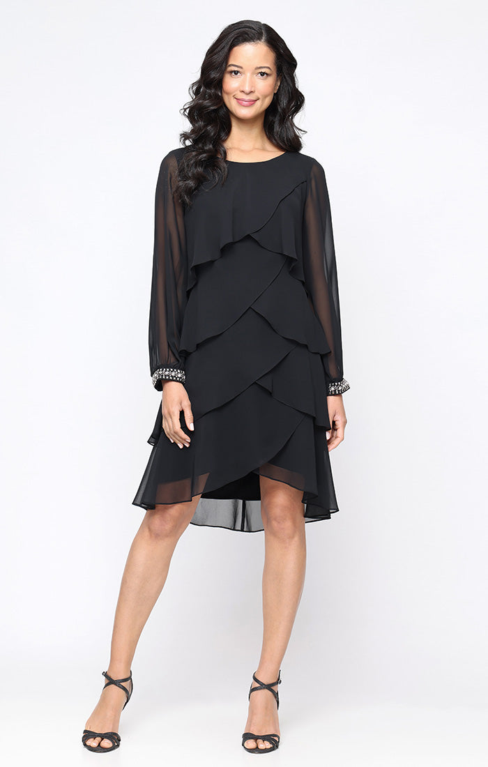 Long Sleeve Tiered Chiffon Cocktail Dress with Rhinestone Beaded Cuffs