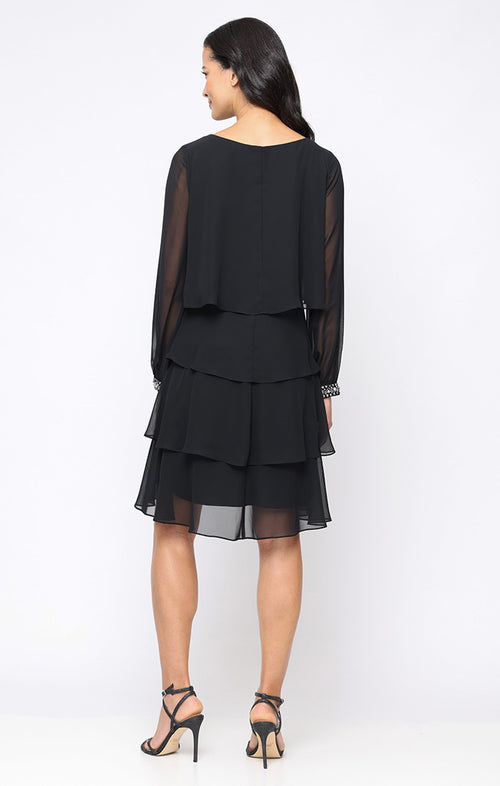 Long Sleeve Tiered Chiffon Cocktail Dress with Rhinestone Beaded Cuffs