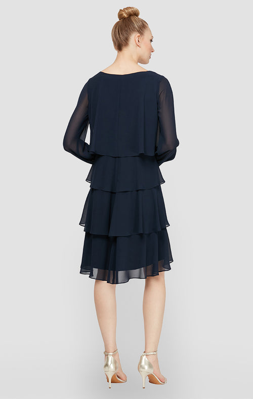 Long Sleeve Tiered Chiffon Cocktail Dress with Rhinestone Beaded Cuffs