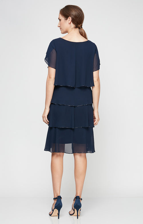Petite Tiered Chiffon Cocktail Dress with Bugle Beaded Trim and Flutter Sleeves